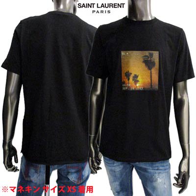 サンローランパリ SAINT LAURENT PARIS メンズ トップス Tシャツ 半袖 ロゴ  ダメージ加工/裾カットオフ・サンセット転写付きTシャツ 黒 646354 Y36AC 1068