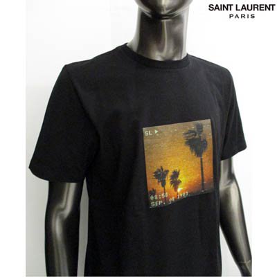 サンローランパリ SAINT LAURENT PARIS メンズ トップス Tシャツ 半袖 ロゴ ダメージ加工/裾カットオフ・サンセット転写付きTシャツ  黒 646354 Y36AC 1068