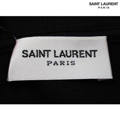 サンローランパリ SAINT LAURENT PARIS メンズ トップス Tシャツ 半袖 ロゴ  ネック部分ダメージ加工・裾カットオフデザイン・サンセット/ヤシの木転写プリント付Tシャツ ブラック