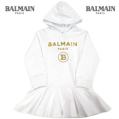 バルマン BALMAIN レディース キッズ 子供服 ロゴ ※ワンピースとしても着用可能 裾フレアデザイン・スパンコールBALMAINロゴ付きパーカー