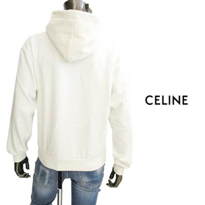 セリーヌ CELINE メンズ トップス パーカー フーディー ロゴ CELINE市松模様ロゴ/ロゴ部分スタッズ付パーカー ホワイト