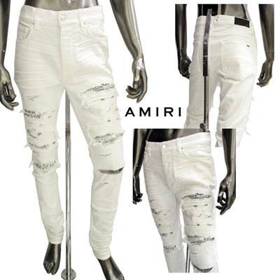 アミリ AMIRI メンズ パンツ ボトムス デニム ロゴ クラッシュ加工/クラッシュ部分ペイズリー柄当て布クラッシュカラーデニム ホワイト