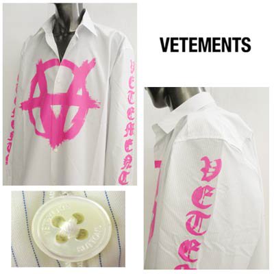 ヴェトモン VETEMENTS メンズ トップス シャツ 長袖 ロゴ ペインティング逆さアナーキーロゴ・オーバーサイズシャツ ネオンピンク