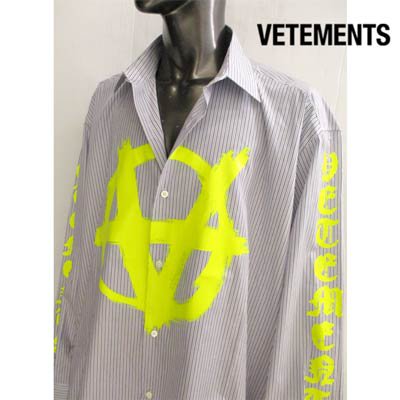 ヴェトモン VETEMENTS メンズ トップス シャツ 長袖 ロゴ ・ストライプ柄オーバーサイズシャツ ブルー ネオンイエロー