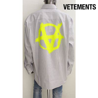 ヴェトモン VETEMENTS メンズ トップス シャツ 長袖 ロゴ ・ストライプ柄オーバーサイズシャツ ブルー ネオンイエロー