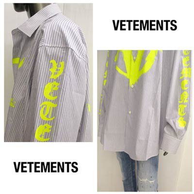 ヴェトモン VETEMENTS メンズ トップス シャツ 長袖 ロゴ ・ストライプ柄オーバーサイズシャツ ブルー ネオンイエロー