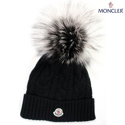 モンクレール MONCLER レディース 小物 帽子 ニット帽 ロゴ シルバーフォックスファー使用・カシミヤ混・ロゴワッペン付きニットキャップ 黒  9Z70301 A9328 999