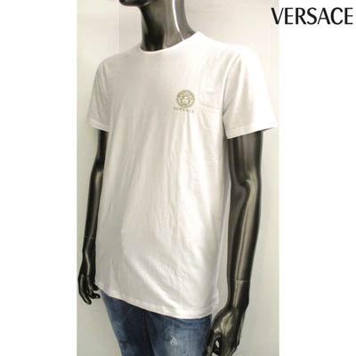 ヴェルサーチ VERSACE メンズ トップス Tシャツ 半袖 ロゴ 2color ※Vネックタイプもあります  チェスト部分VERSACE/メデューサロゴプリント付Tシャツ 白/黒 AUU01005 A232741 A1001/A1008