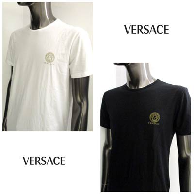 ヴェルサーチ VERSACE メンズ トップス Tシャツ 半袖 ロゴ 2color ※Vネックタイプもあります  チェスト部分VERSACE/メデューサロゴプリント付Tシャツ 白/黒 AUU01005 A232741 A1001/A1008