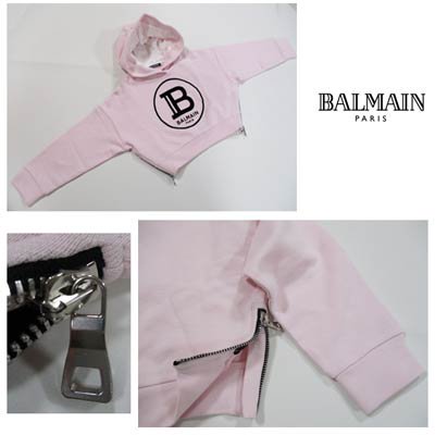 バルマン BALMAIN メンズ レディース 子供 キッズ 男児/女児着用可 トップス パーカー ロゴ 2color BALMAIN  Bロゴワッペン・サイドジップ付きパーカー ピンク ブラック 6M4000 MX270 502 930