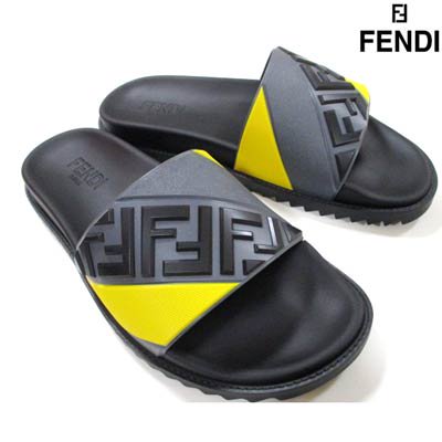 フェンディ FENDI メンズ 靴 サンダル シャワーサンダル ロゴ イエローラインバンド部分FFズッカ柄ロゴ付シャワーサンダル ブラック