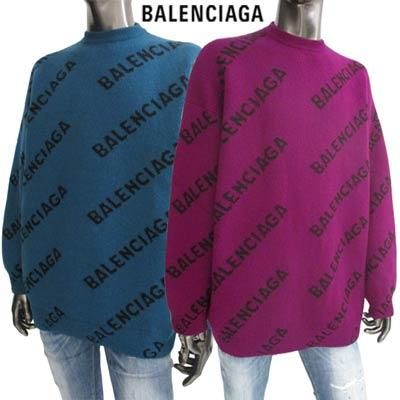 バレンシアガ BALENCIAGA メンズ トップス ニット セーター 2color ロゴ ユニセックス可 BALENCIAGA総柄 スラッシュロゴ・クルーネックニット マリンブルー パープル