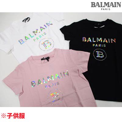 バルマン BALMAIN メンズ キッズ 子供服 トップス Tシャツ 半袖 男児/女児着用可 3color  BALMAINオーロラカラーロゴ付きTシャツ 白/黒/ピンク 6M8021 MX030 100/930/502