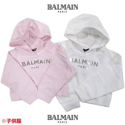 バルマン BALMAIN レディース キッズ 子供服 トップス パーカー ロゴ 2color BALMAINシルバーロゴ付きショート丈パーカー  ピンク/ホワイト 6M4010 MX270 100/506