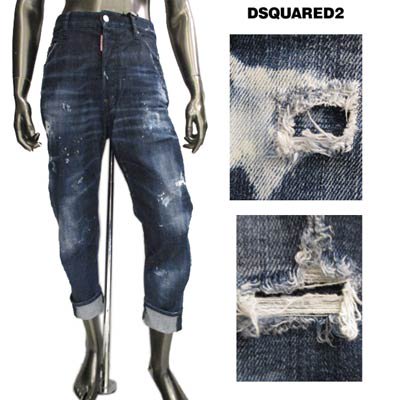 ディースクエアード DSQUARED2 メンズ パンツ ボトムス COMBAT JEAN  ワイヤー入り・クラッシュペイント加工・レザーロゴパッチ付クロップドワイヤーデニムパンツ S74LB0912 S30342 470