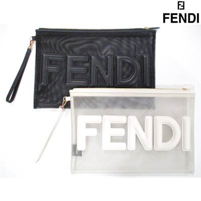 フェンディ FENDI メンズ 鞄 バッグ ロゴ 2color ユニセックス可 クリア(透明)・マイクロメッシュ地・FEDNIロゴワッペン付き クラッチバッグ ホワイト クリア/ブラック 8N0178 AAYS F1DUN/K0KUR