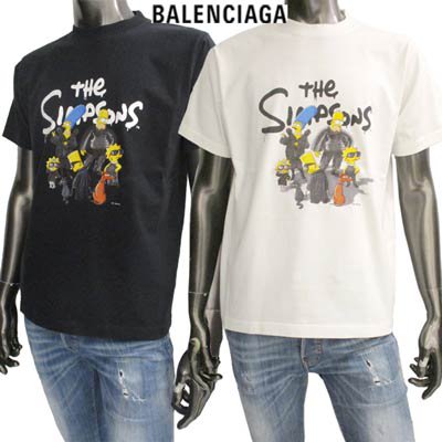 バレンシアガ BALENCIAGA レディース トップス Tシャツ 半袖 ユニセックス可 2color The  Simpsons/ヴィンテージ風ひび割れ加工・刺繍ロゴ入りTシャツ 白/黒
