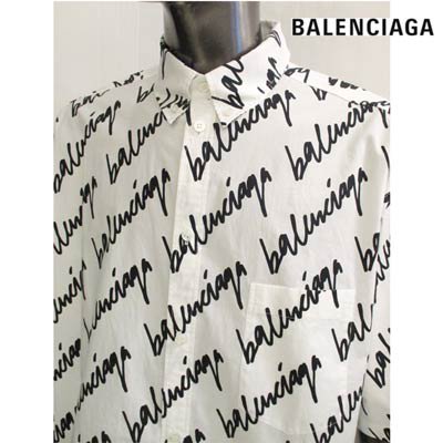 バレンシアガ BALENCIAGA メンズ トップス シャツ 半袖 ロゴ ボタンロゴ刻印・総柄balenciagaロゴプリント付カジュアルシャツ  ホワイト