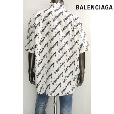 バレンシアガ BALENCIAGA メンズ トップス シャツ 半袖 ロゴ ボタンロゴ刻印・総柄balenciagaロゴプリント付カジュアルシャツ  ホワイト