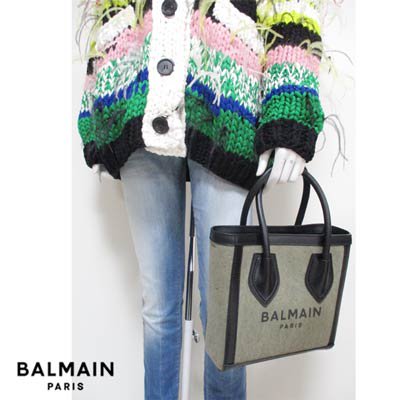 バルマン BALMAIN メンズ 鞄 バッグ ロゴ ユニセックス可 ショルダーストラップ付き・BALMAIN PARISロゴプリント付き2WAYトートバッグ  カーキ