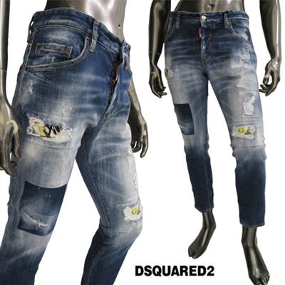 ディースクエアード DSQUARED2 メンズ ボトムス デニム パンツ ジーンズ SKATER JEAN  ボタンロゴ刻印・ダメージ/ペンキ/色あせ/パッチワーク加工入りデニムパンツ ネイビー ブルー