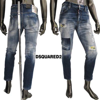 ディースクエアード DSQUARED2 メンズ ボトムス デニム パンツ ジーンズ SKATER JEAN ボタンロゴ刻印・ダメージ/ペンキ/色あせ/ パッチワーク加工入りデニムパンツ ネイビー ブルー