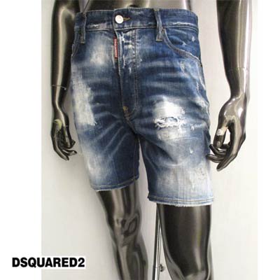 ディースクエアード DSQUARED2 メンズ パンツ ハーフパンツ デニムパンツ ボトムス MARINE SHORT  ボタンロゴ刻印・カナダロゴ部分落書きアート・ダメージ加工付きショートデニムパンツ ネイビー