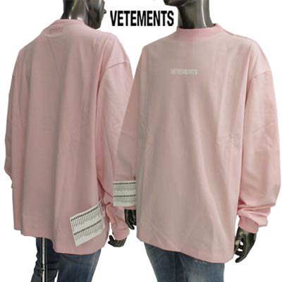 ヴェトモン VETEMENTS メンズ Tシャツ ロンT 長袖 トップス ユニセックス可 ※同じデザインで色違いもあり  フロントホワイトVETEMENTSロゴ・刺繍ロゴ・ビッグタグ付きロングTシャツ ピンク