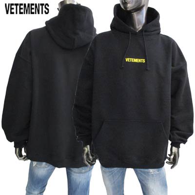 ヴェトモン VETEMENTS メンズ パーカー フーディ トップス ※同デザインで色違いもあり フロントイエローVETEMENTS ロゴ・ロゴ刺繍・ビッグタグ付きパーカー 黒