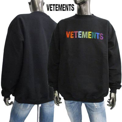 ヴェトモン VETEMENTS メンズ スウェット トレーナー トップス ユニセックス可 ※同じデザインで色違いもあり  マルチカラークリスタルラインストーンVETEMENTSロゴ・ロゴ刺繍付きトレーナー 黒