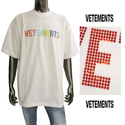 ヴェトモン VETEMENTS メンズ トップス Tシャツ 半袖 ロゴ フロントVETEMENTSレインボーカラー ストーン ロゴ Tシャツ 白