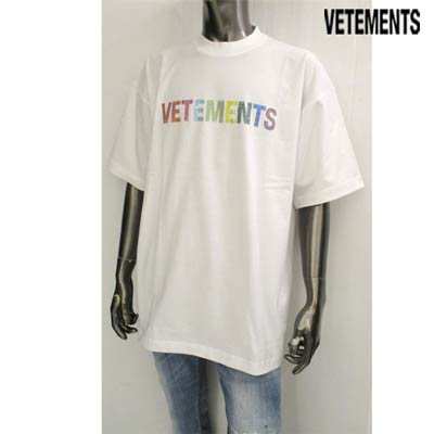 ヴェトモン VETEMENTS メンズ トップス Tシャツ 半袖 ロゴ フロントVETEMENTSレインボーカラー ストーン ロゴ Tシャツ 白
