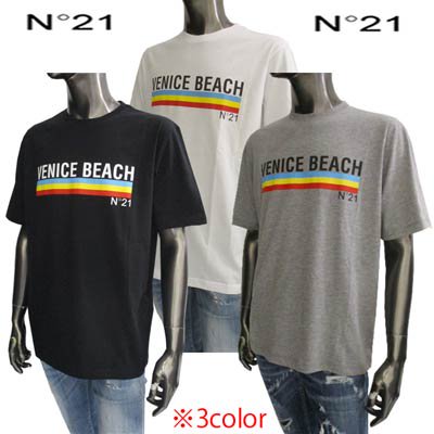 ヌメロヴェントゥーノ N°21 メンズ Tシャツ 半袖 トップス ロゴ 3color フロントトリコロールライン・VENICE  BEACH/N°21ブランドロゴプリント入りクルーネックTシャツ ホワイト/グレー/ブラック