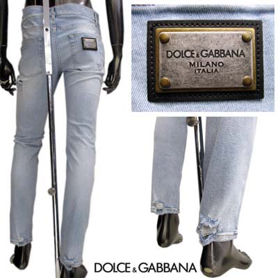 ドルチェ＆ガッバーナ DOLCE&GABBANA メンズ パンツ ジーンズ  バックポケット部DOLCE&GABBANAロゴ刻印プレート・ボタンロゴ刻印・クラッシュ加工入りスキニーデニム ライトブルー