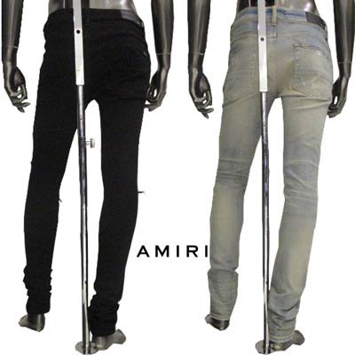 アミリ AMIRI メンズ ボトムス デニム パンツ ジーンズ 2color ロゴ クラッシュ加工部分当て布・バックポケット部分AMIRIロゴ刻印・レザーロゴパッチ付きスキニーデニム  ブルー/ブラック