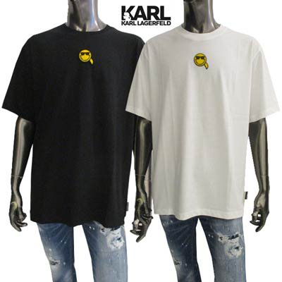 カールラガーフェルド KARL LAGERFELD メンズ トップス Tシャツ 半袖 ロゴ 2color ユニセックス可  裾ロゴタグ・フロントSMILEYWORLDコラボ刺繍ロゴパッチ付きTシャツ 白/黒