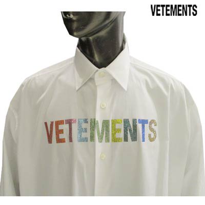 ヴェトモン VETEMENTS メンズ トップス シャツ カジュアルシャツ長袖フロントクリスタルラインストーンロゴ入りカジュアルシャツ 白