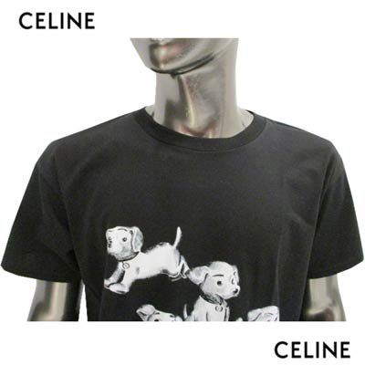 セリーヌ CELINE メンズ トップス Tシャツ 半袖 ロゴ ユニセックス可 エイミードリアンコラボ ドッグ柄プリントTシャツ ブラック