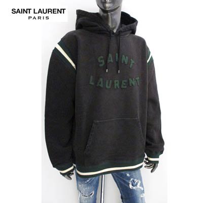 サンローランパリ SAINT LAURENT PARIS メンズ トップス パーカーフーディ ロゴグリーンロゴワッペン プルオーバー 裏起毛