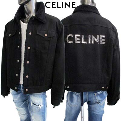 セリーヌ CELINE メンズ アウター デニムジャケット トラッカージャケット  裏ボア(ウール素材)・バックロゴ部分ラインストーン/スタッズ・ウエスト調整可デニムジャケット ブラック 085T 38TK 秋冬新作