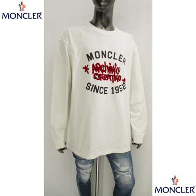 モンクレール MONCLER メンズ トップス ロンT 長袖 ロングTシャツ 2color アーム部分ロゴワッペン・フロントプリント/フロック加工ランゲージ入りロングスリーブTシャツ  ホワイト/ブラック