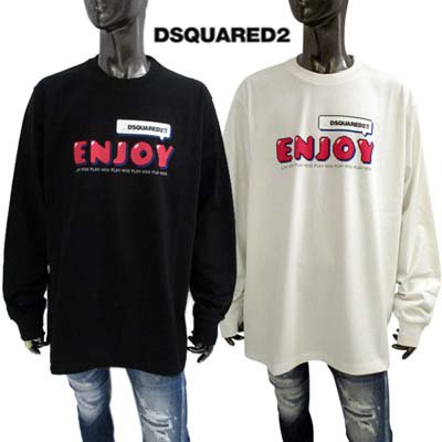 ディースクエアード DSQUARED2 メンズ ロンT ロングTシャツ 長袖 2色展開  フロント吹き出しロゴ/レトロ風ドットランゲージ・サイドスリット入りロングスリーブTシャツ ホワイト/ブラック