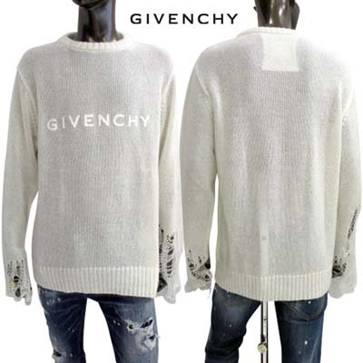 ジバンシー GIVENCHY メンズ トップス ニット セーター フロントロゴ・袖口部分ダメージ加工入りウール混セーター ホワイト