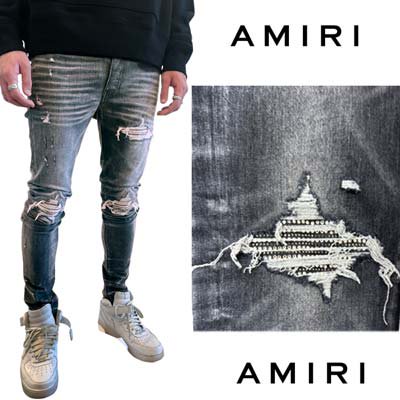 アミリ AMIRI パンツ ジーンズ デニム ボトムス CRYSTAL MX1 ダメージ部分クリスタル装飾 ・バックレザーロゴパッチ・バックポケット部分ロゴプレート付きクラッシュデニム グレー PS24MDS005 434 新作 送料無料