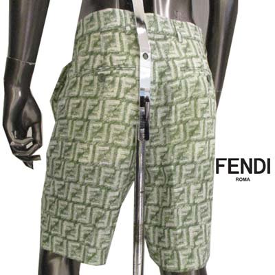 フェンディ FENDI ハーフパンツ ショートパンツ メンズ ボトムス 全体ホワイトFFモノグラムロゴ・ウエスト内側ロゴ ライン・ベルトループ付きジッパーフライリネンハーフパンツ グリーン