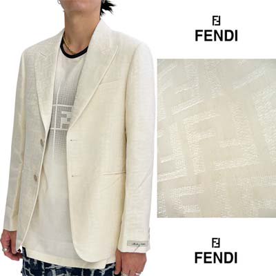 フェンディ FENDI ジャケット メンズ アウター セットアップ着用可(ボトムス別売り)  全体FFモノグラムロゴ・左袖口ロゴラベル付きシングルブレストリネン混ジャケット アイボリー