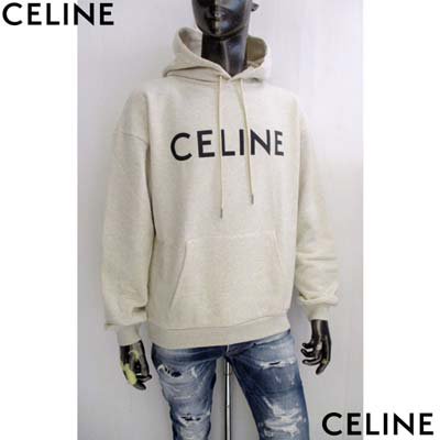 セリーヌ CELINE パーカー メンズ フーディ スウェット トップス フロントブラックロゴプリント・金具部分ロゴ刻印入りプルオーバーパーカー  アイボリー クリーム