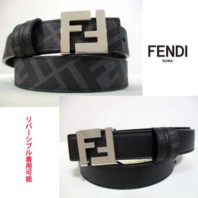 フェンディ FENDI ベルト メンズ グッズ 小物 リバーシブル可 FFバックル・片面FFズッカ柄・片面シンプルデザイン・金具部分ロゴ 刻印付きリバーシブルレザーベルト ブラック