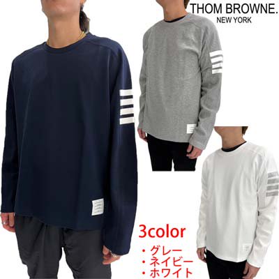 トムブラウン THOM BROWNE ロンT メンズ ロングTシャツ 長袖 裾ロゴパッチ・レフトアーム4BAR・バックネックトリコロールタブ付きロング スリーブコットンTシャツ ホワイト/ネイビー/グレー