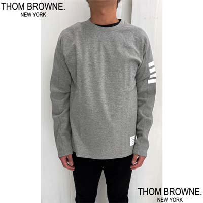 トムブラウン THOM BROWNE ロンT メンズ ロングTシャツ 長袖 裾ロゴパッチ・レフトアーム4BAR・バックネックトリコロールタブ付きロング スリーブコットンTシャツ ホワイト/ネイビー/グレー